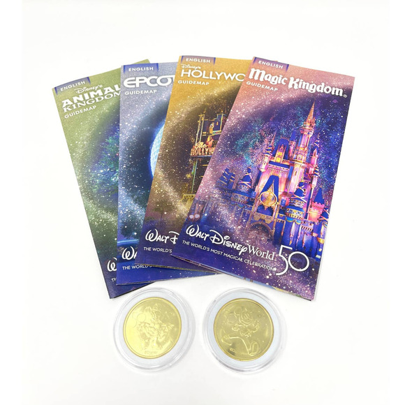 WALT DISNEY WORLD 50th Mickey & Minnie Mouse Gold Medallion Coins with 50th Maps - Picture 1 of 3